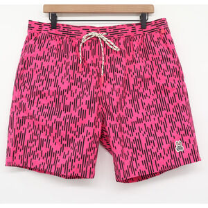 Psycho Bunny Men's Carson Broken Stripe Slim Fit Swim Trunks Pink/Black Sz XL